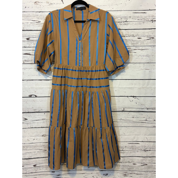 English Factory Tan and Blue Striped Midi Dress - Picture 2 of 9